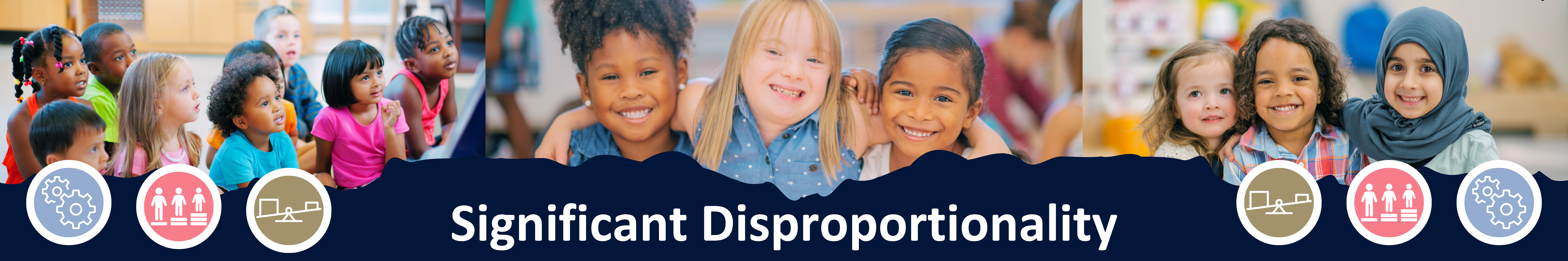 a banner that reflects three sets of images with diverse groups of students sitting happily. Under the images reflect the title of the website - significant disproportionality with three icon images on either side to reinforce the concept of equity. 